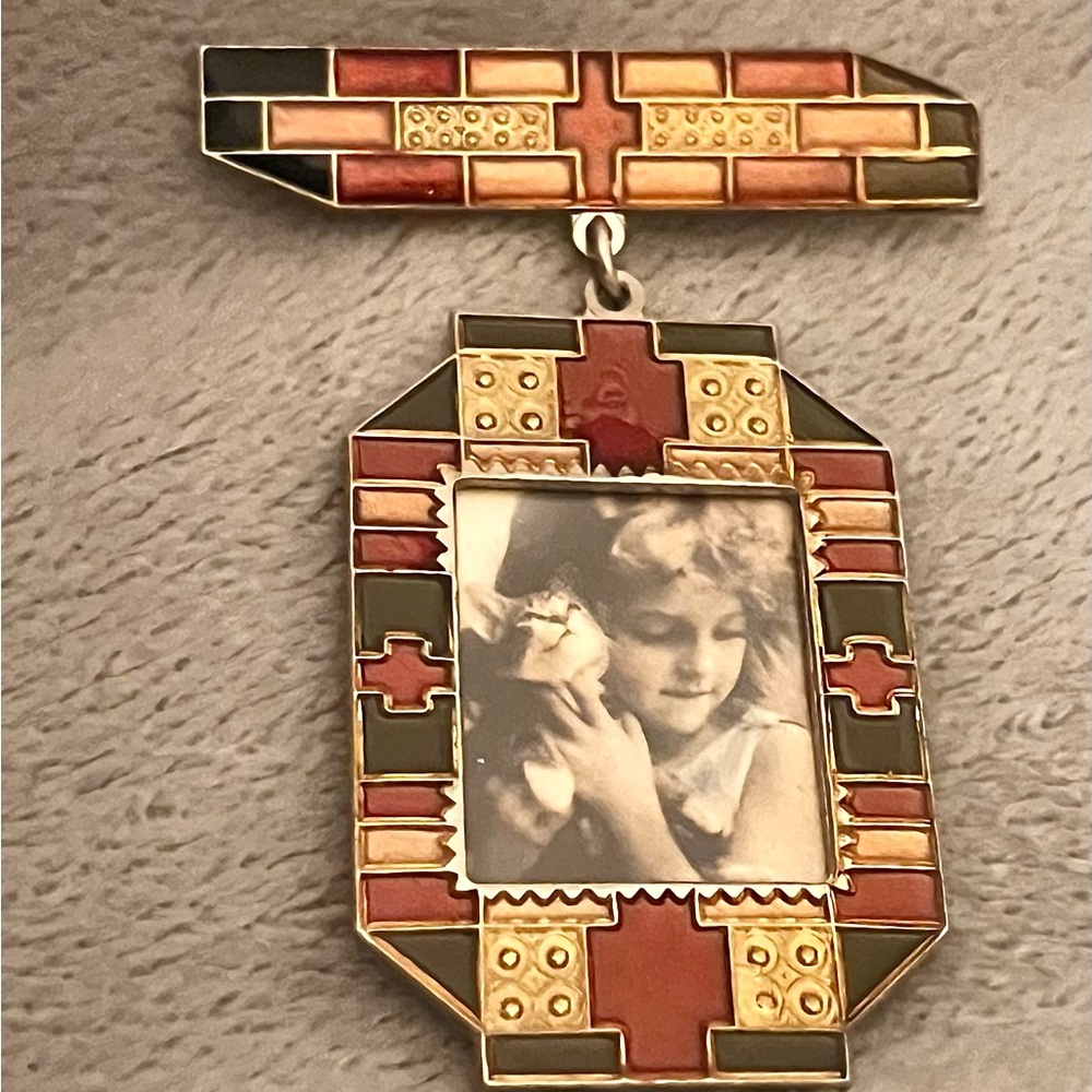 LMC Signed Art Deco Revival Dangle Pin Brooch | Vintage Enamel Photo Locket 2.5”